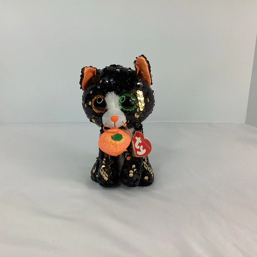 Ty Flippables Plush Jinx Black Cat Pumpkin 6” Halloween Sequins Stuffed Animal - Picture 2 of 11